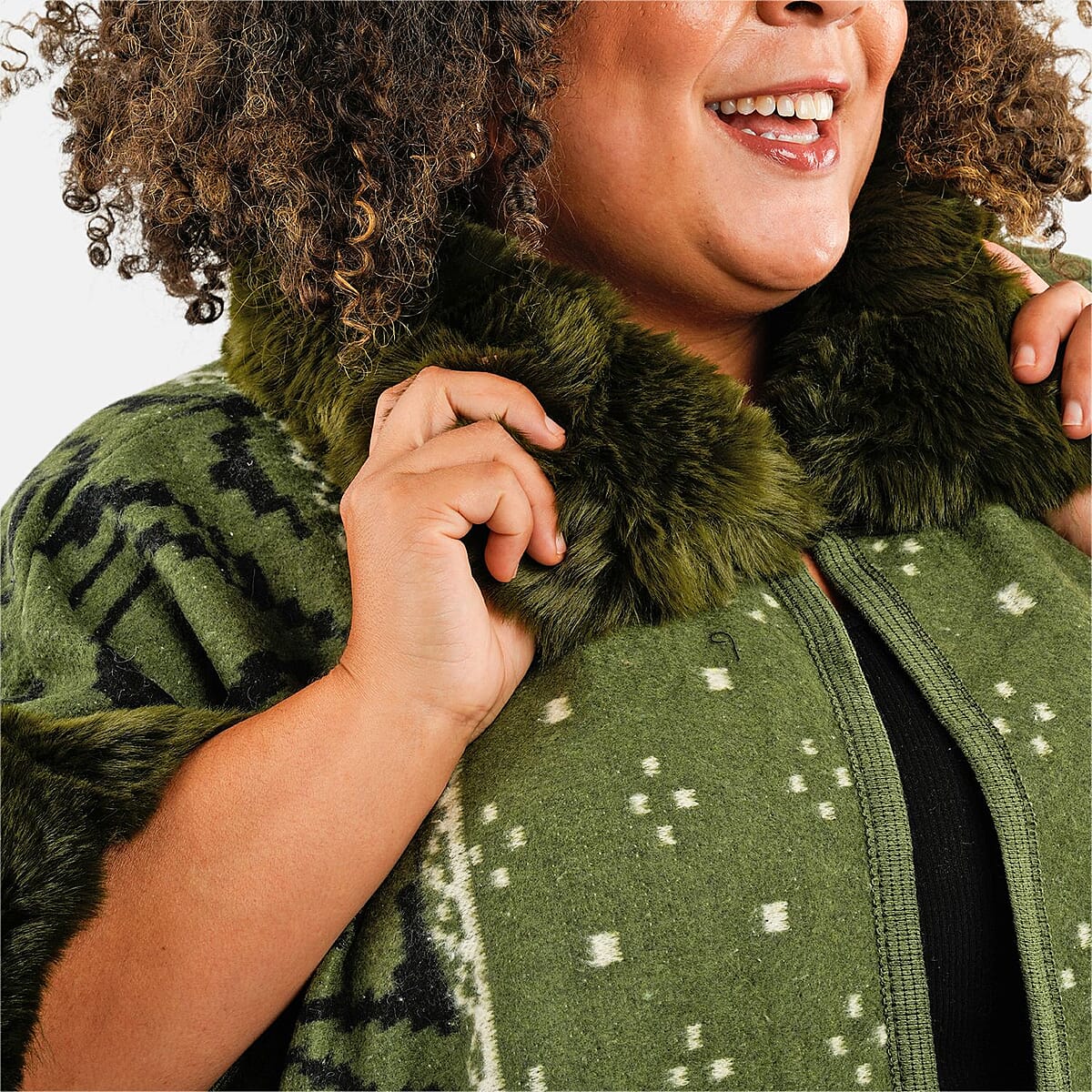 Instyle Olive Abstract Faux Fur Ruana - One Size Fits Most image number 4