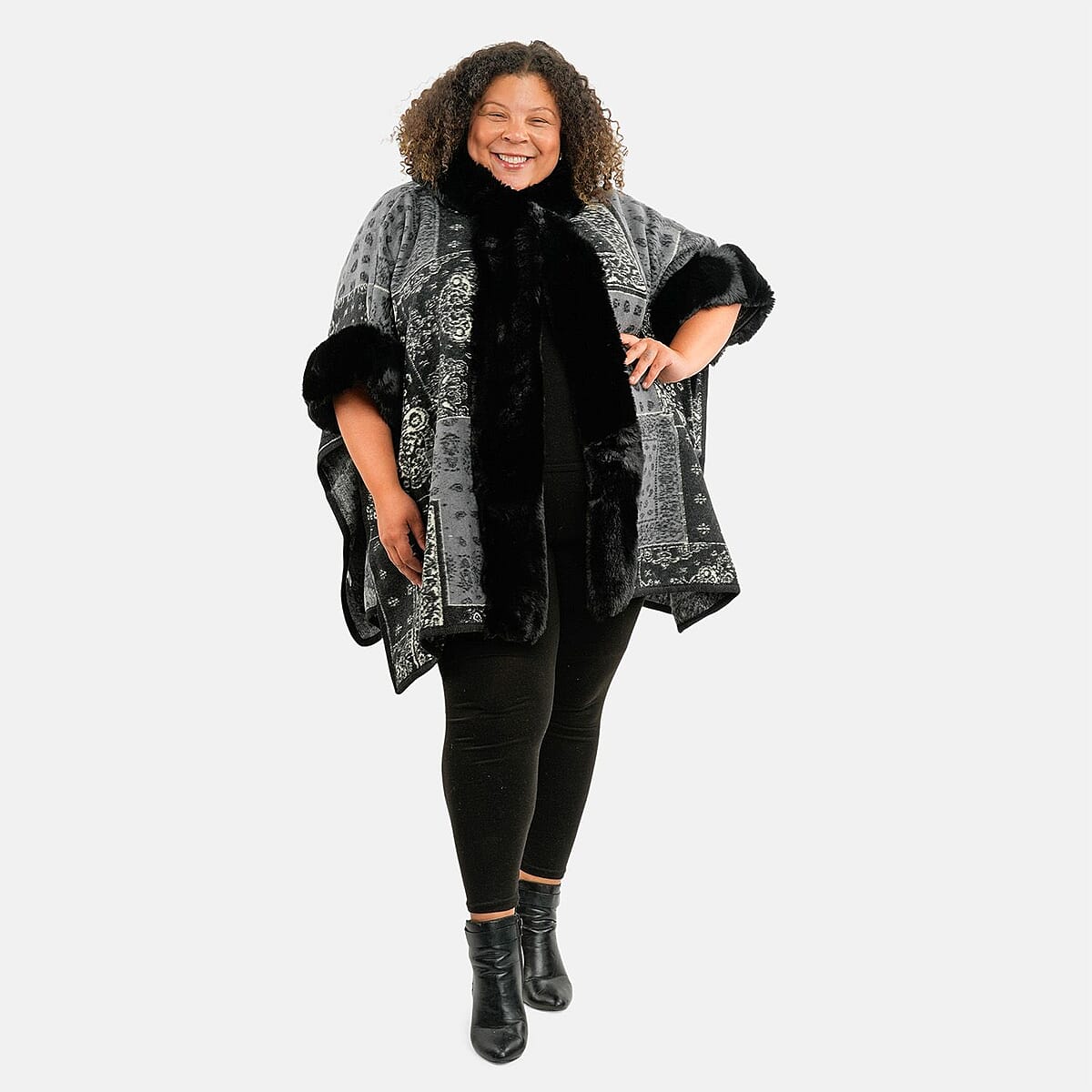 Instyle Black Patchwork Faux Fur Hood Ruana - One Size Fits Most image number 0
