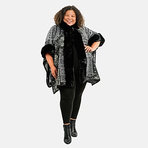 Instyle Black Patchwork Faux Fur Hood Ruana - One Size Fits Most