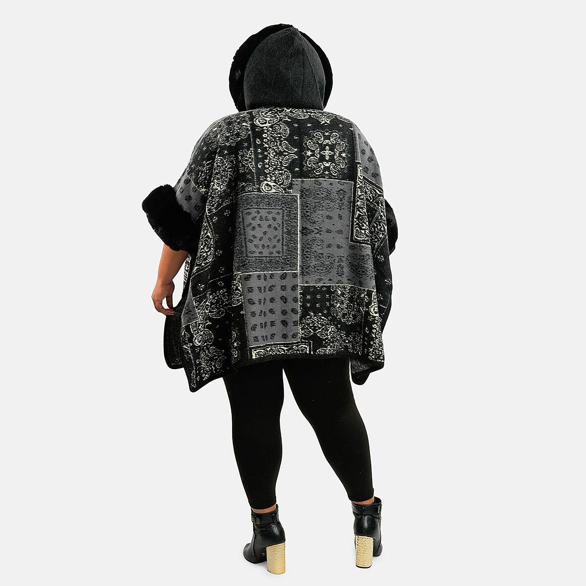 Instyle Black Patchwork Faux Fur Hood Ruana - One Size Fits Most image number 1