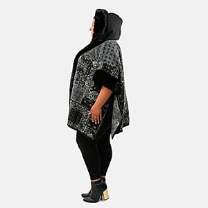 Instyle Black Patchwork Faux Fur Hood Ruana - One Size Fits Most