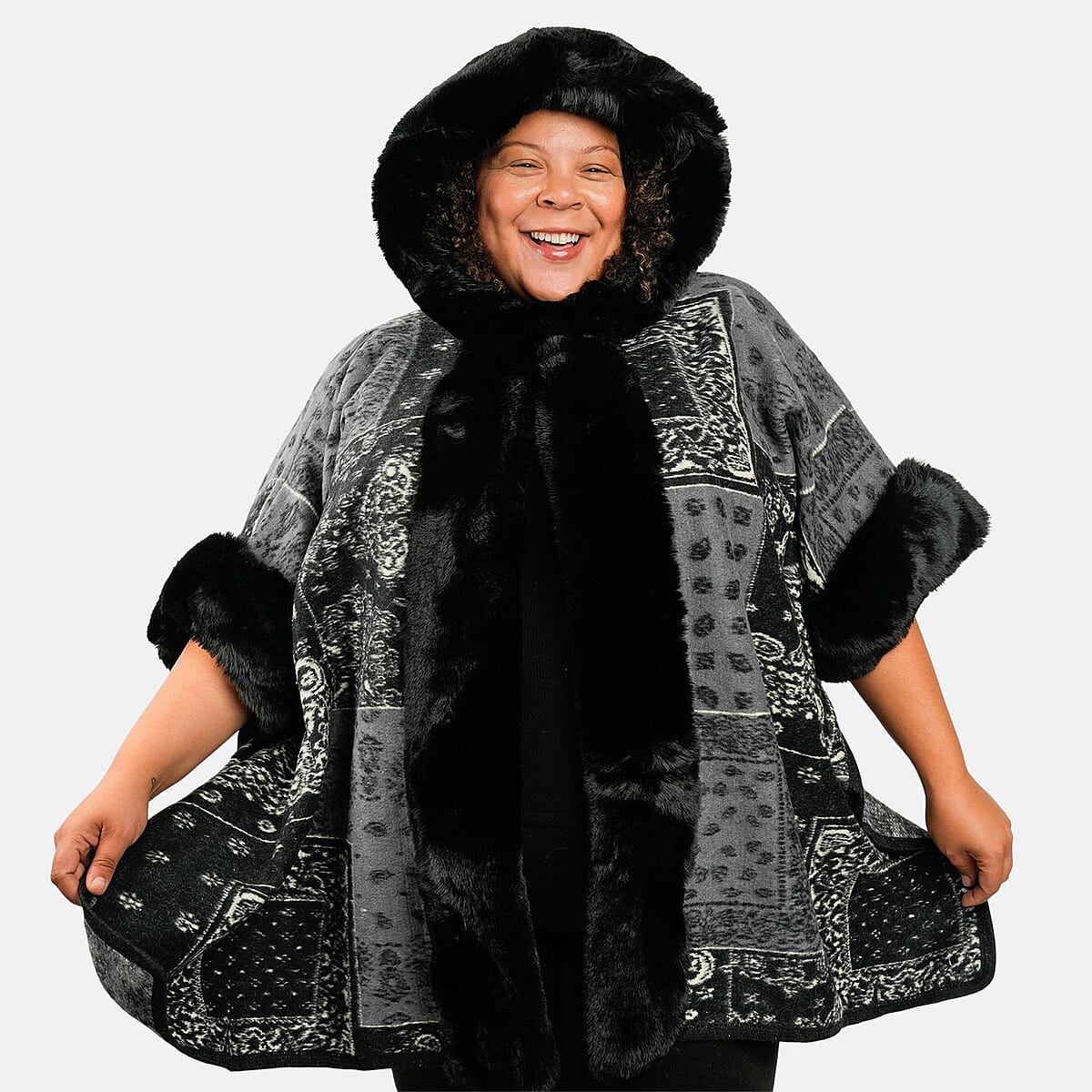 Instyle Black Patchwork Faux Fur Hood Ruana - One Size Fits Most image number 3