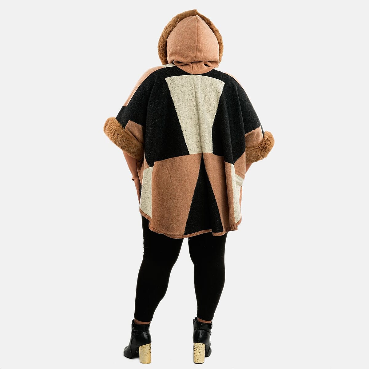 Instyle Beige Geometric Faux Fur Hood Ruana - One Size Fits Most image number 1