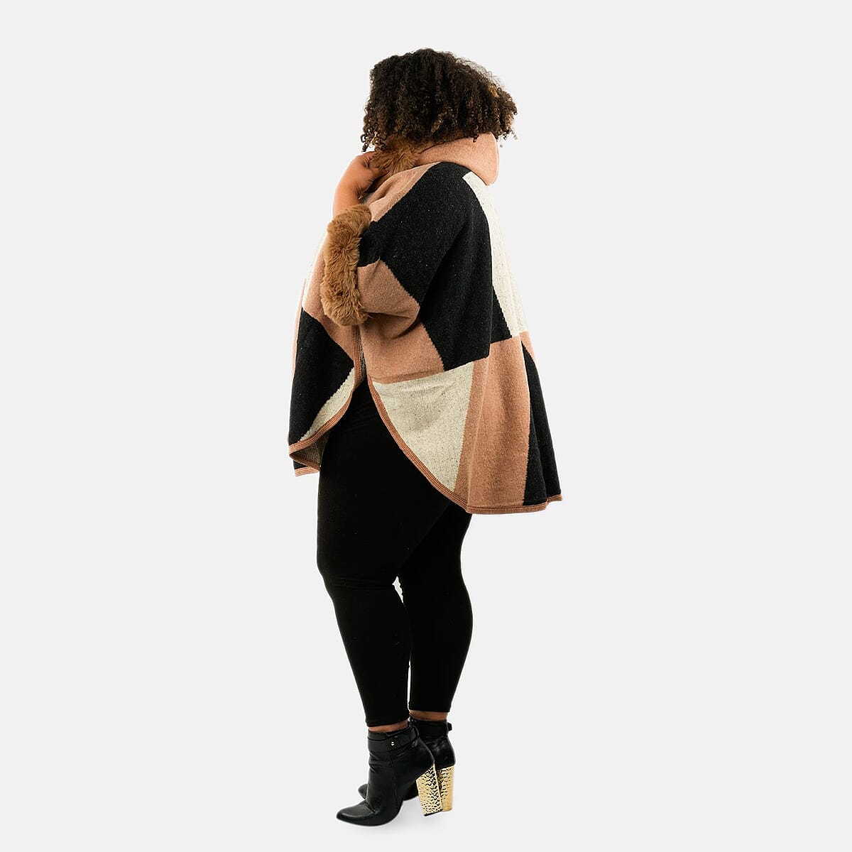 Instyle Beige Geometric Faux Fur Hood Ruana - One Size Fits Most image number 3