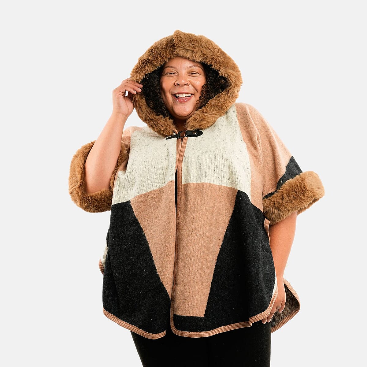 Instyle Beige Geometric Faux Fur Hood Ruana - One Size Fits Most image number 4