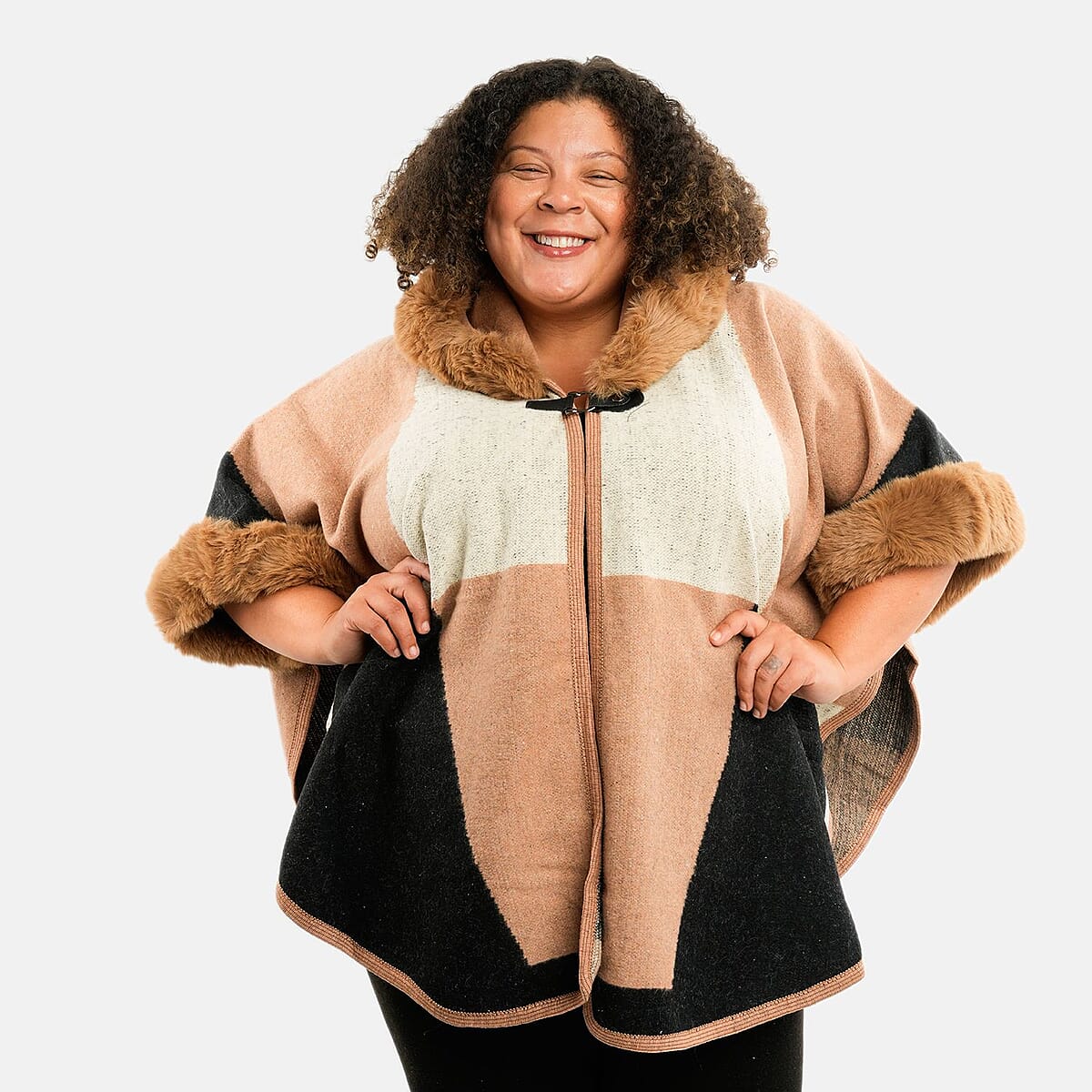 Instyle Beige Geometric Faux Fur Hood Ruana - One Size Fits Most image number 5