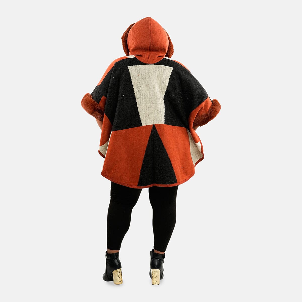 Instyle Orange Geometric Faux Fur Hood Ruana - One Size Fits Most image number 1