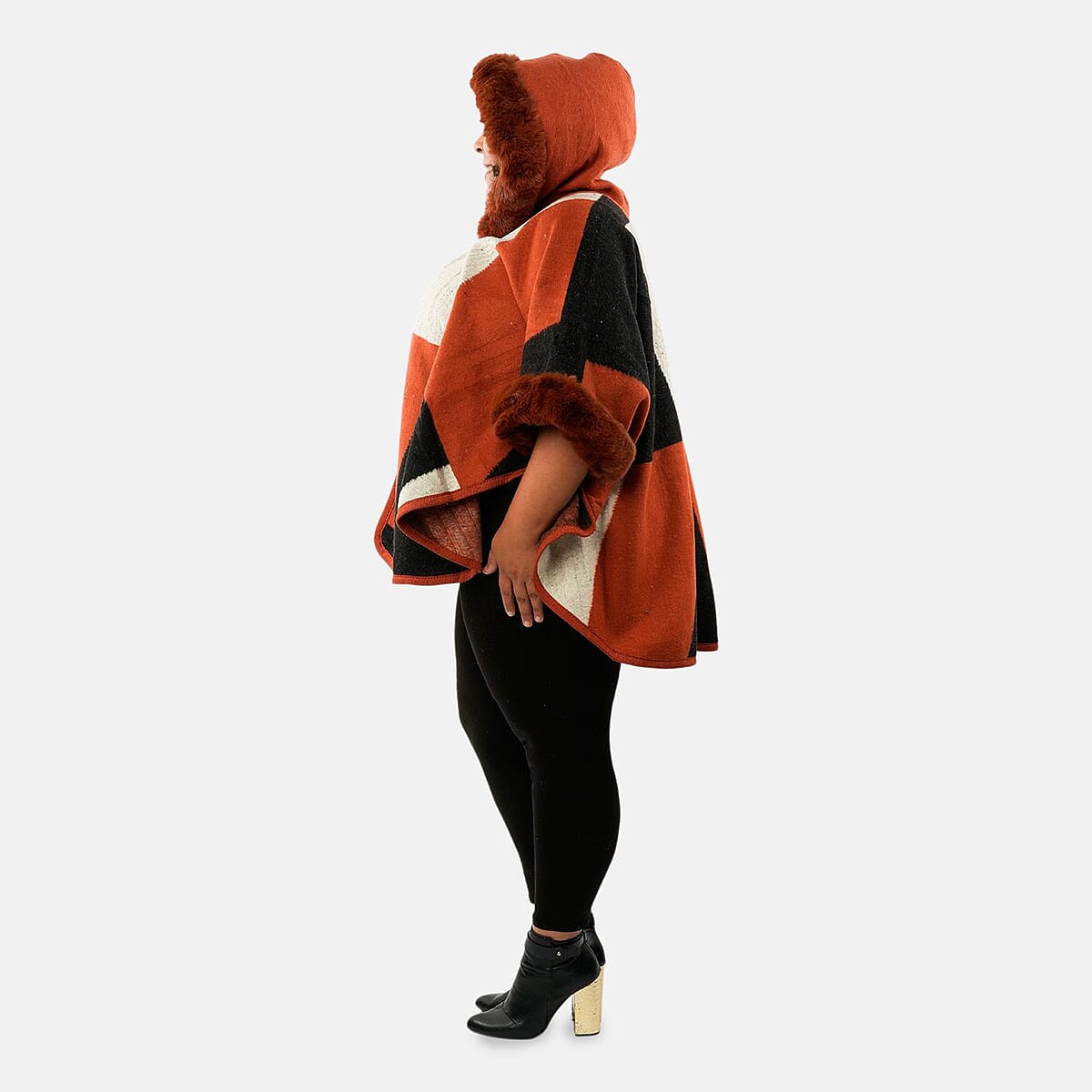 Instyle Orange Geometric Faux Fur Hood Ruana - One Size Fits Most image number 2