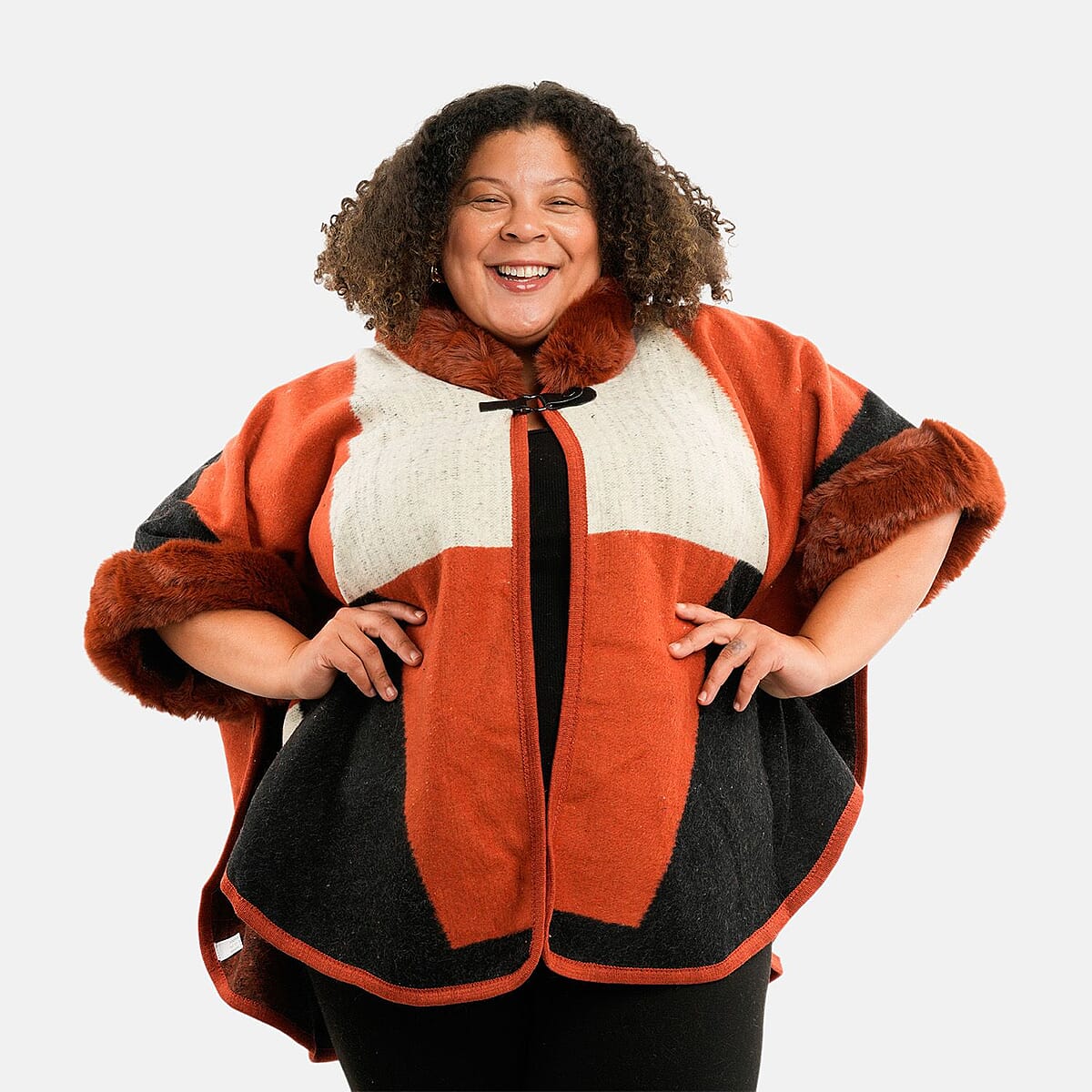 Instyle Orange Geometric Faux Fur Hood Ruana - One Size Fits Most image number 3