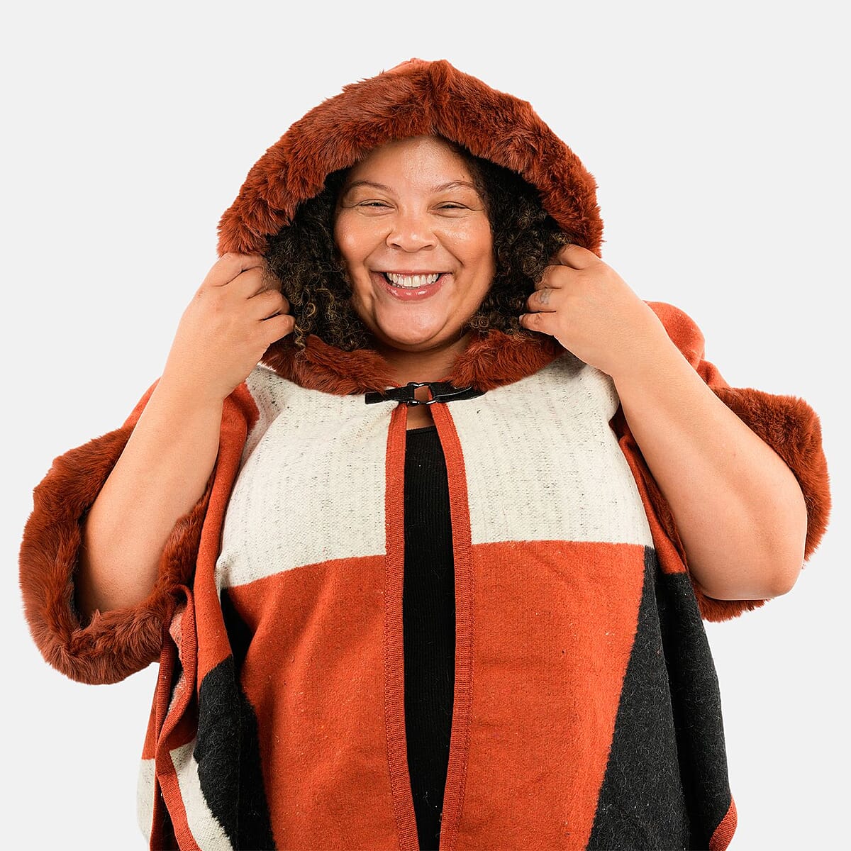 Instyle Orange Geometric Faux Fur Hood Ruana - One Size Fits Most image number 4