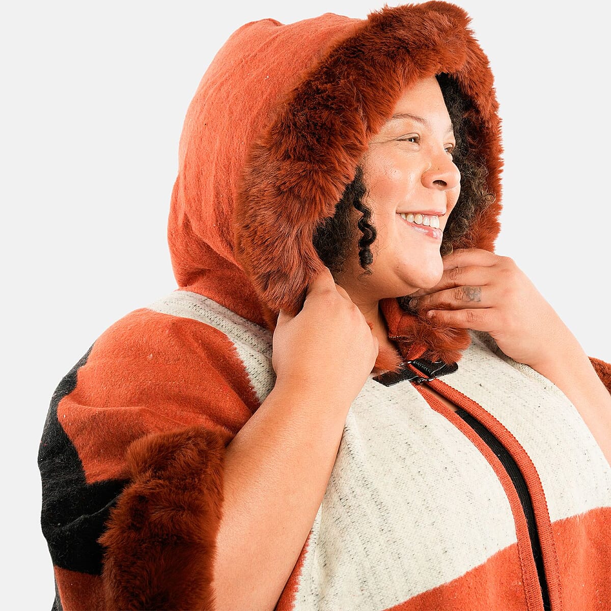 Instyle Orange Geometric Faux Fur Hood Ruana - One Size Fits Most image number 5