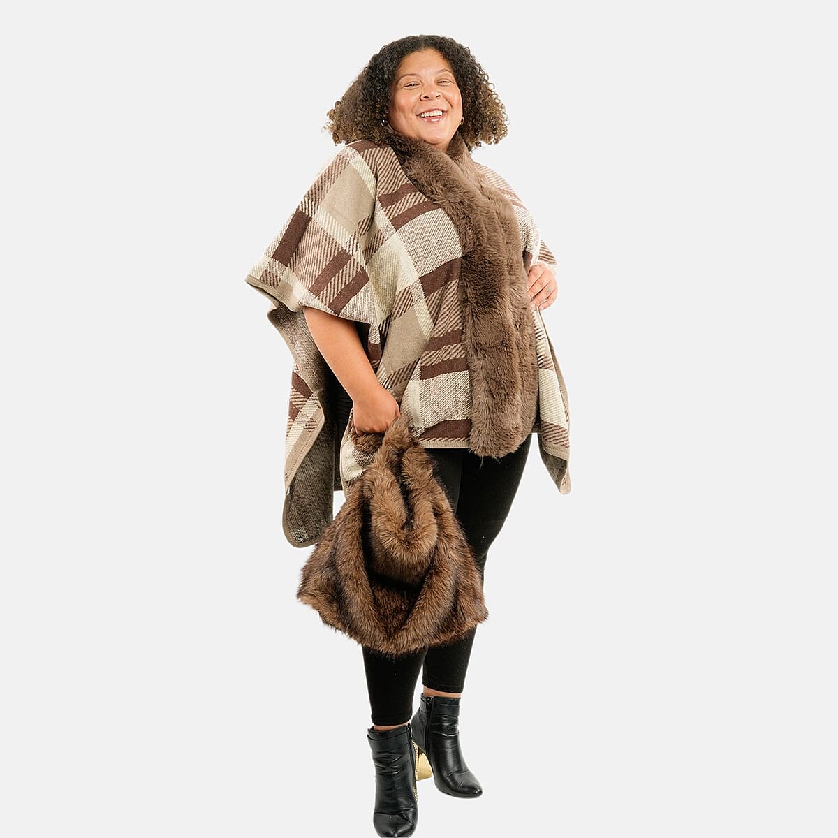 Instyle Khaki Plaid Ruana and Khaki Purse Set - One Size Fits Most image number 3