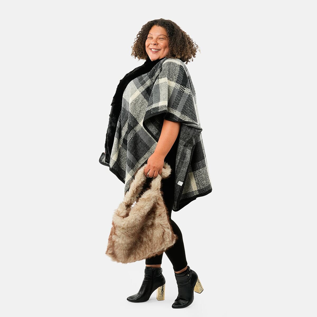 Instyle Black Plaid Ruana and Ivory Purse Set - One Size Fits Most image number 4