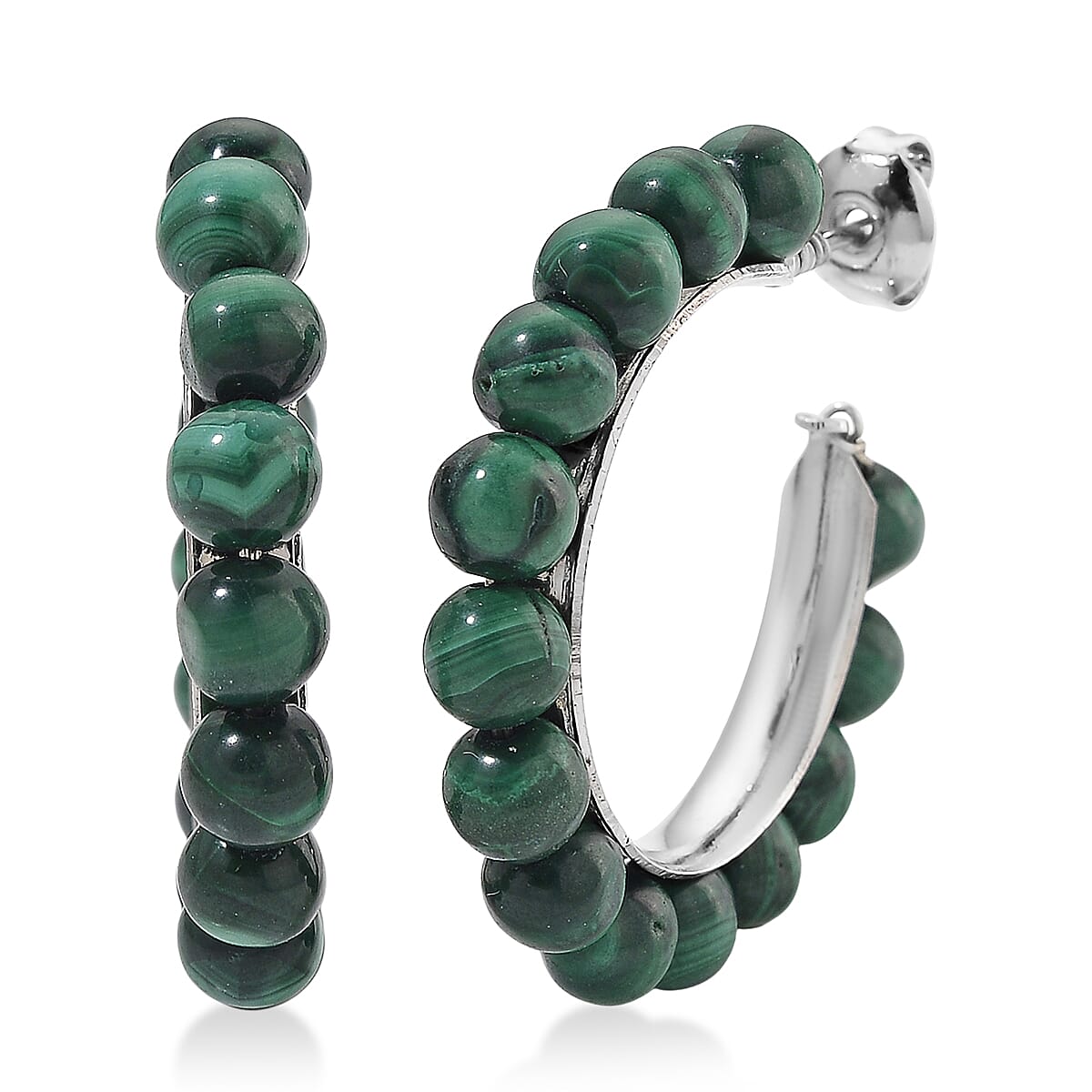 African Malachite 30.00 ctw Beaded Hoop Earrings in Silvertone image number 0