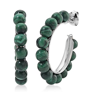 African Malachite 30.00 ctw Beaded Hoop Earrings in Silvertone