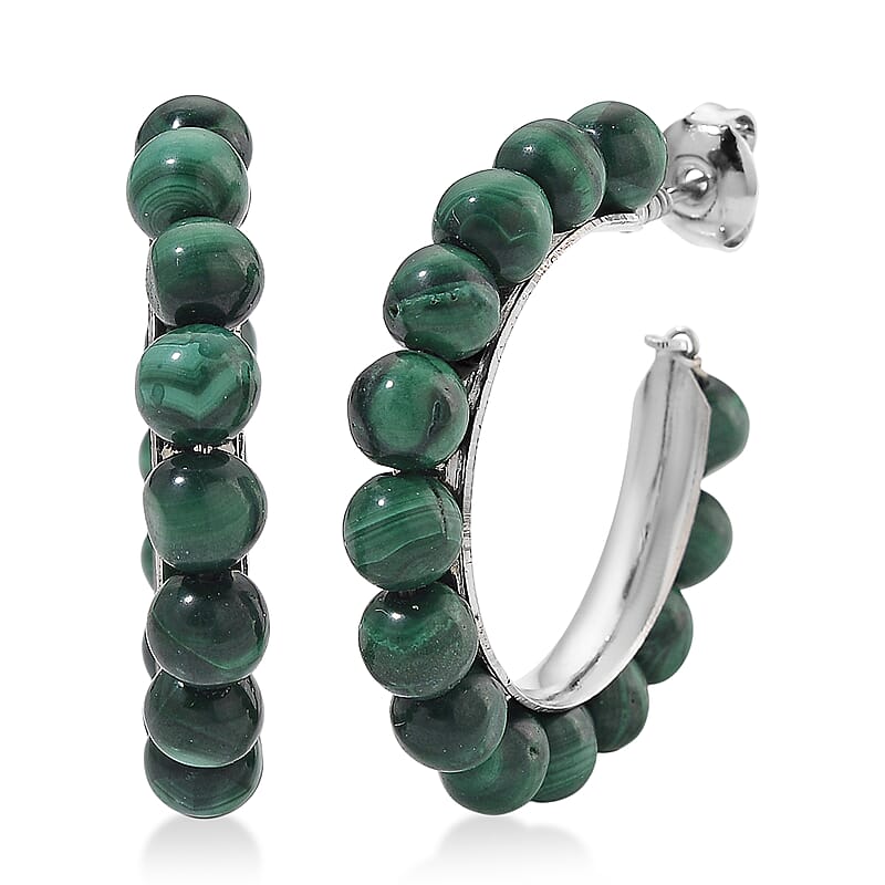 African Malachite 30.00 ctw Beaded Hoop Earrings in Silvertone