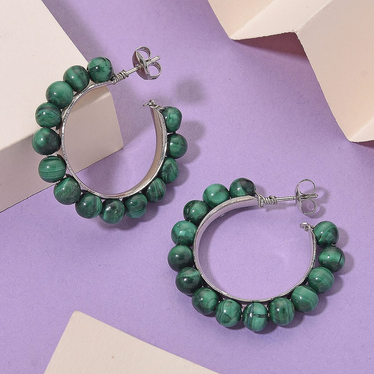 African Malachite 30.00 ctw Beaded Hoop Earrings in Silvertone image number 1