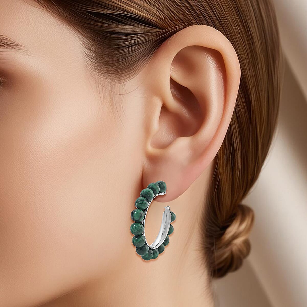 African Malachite 30.00 ctw Beaded Hoop Earrings in Silvertone image number 2
