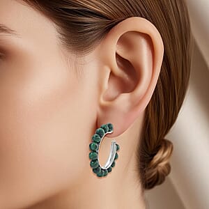African Malachite 30.00 ctw Beaded Hoop Earrings in Silvertone