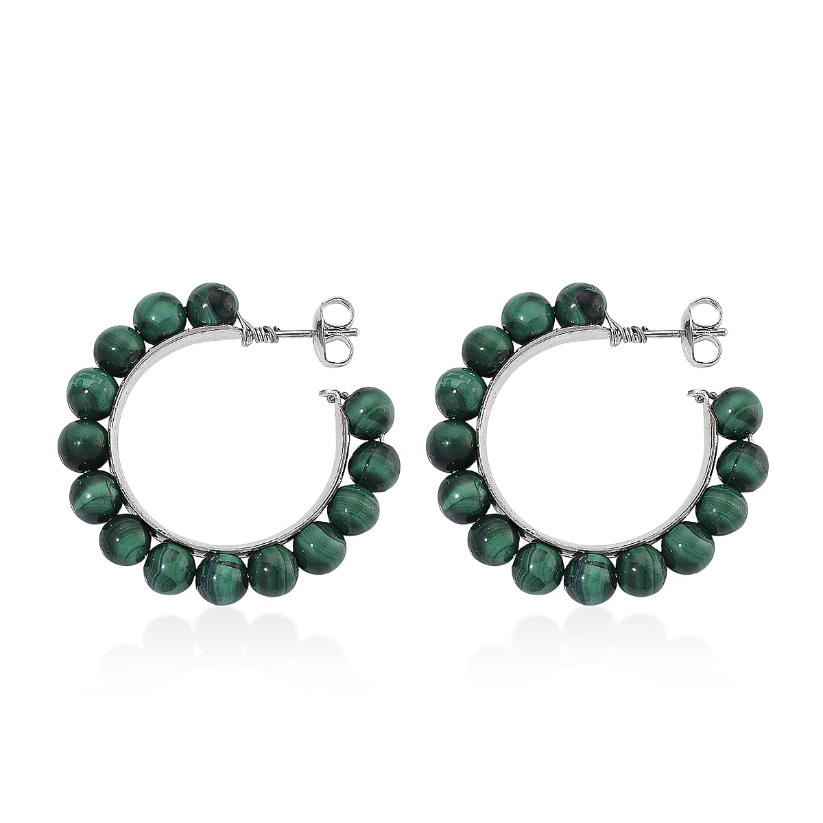 African Malachite 30.00 ctw Beaded Hoop Earrings in Silvertone image number 3
