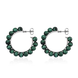 African Malachite 30.00 ctw Beaded Hoop Earrings in Silvertone