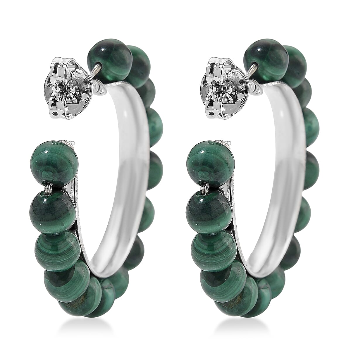 African Malachite 30.00 ctw Beaded Hoop Earrings in Silvertone