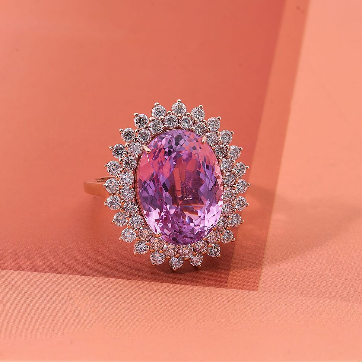 AAAA Patroke Kunzite and G-H SI Luxuriant Lab Grown Diamond 14.50 ctw Soul Bloom Ring in 10K Rose Gold (Size 6.0) 4 Grams image number 1