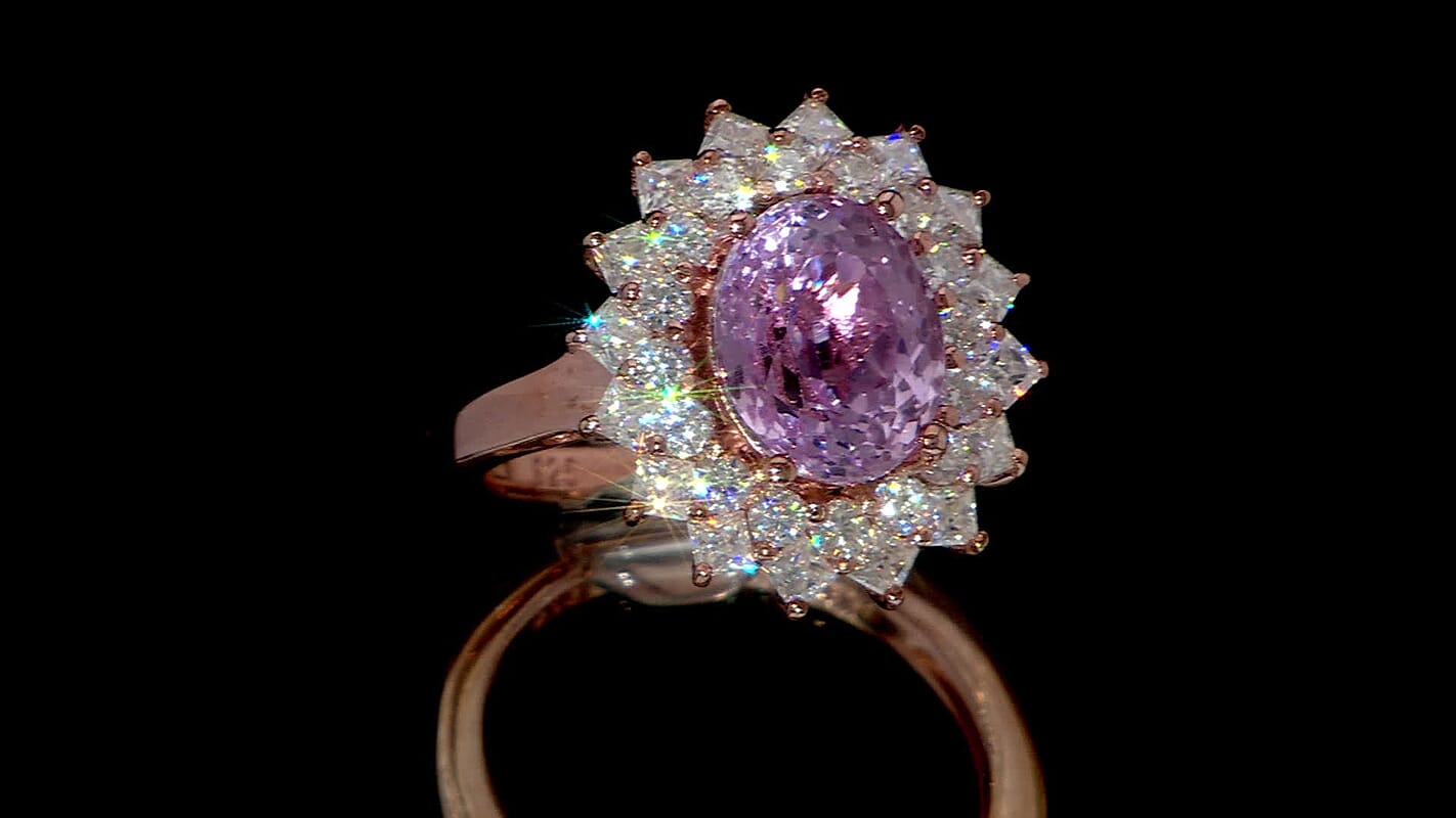 D'Joy AAA Patroke Kunzite, Moissanite Ring in 18K Vermeil RG Over Sterling Silver (Size 10.0) 4.80 ctw