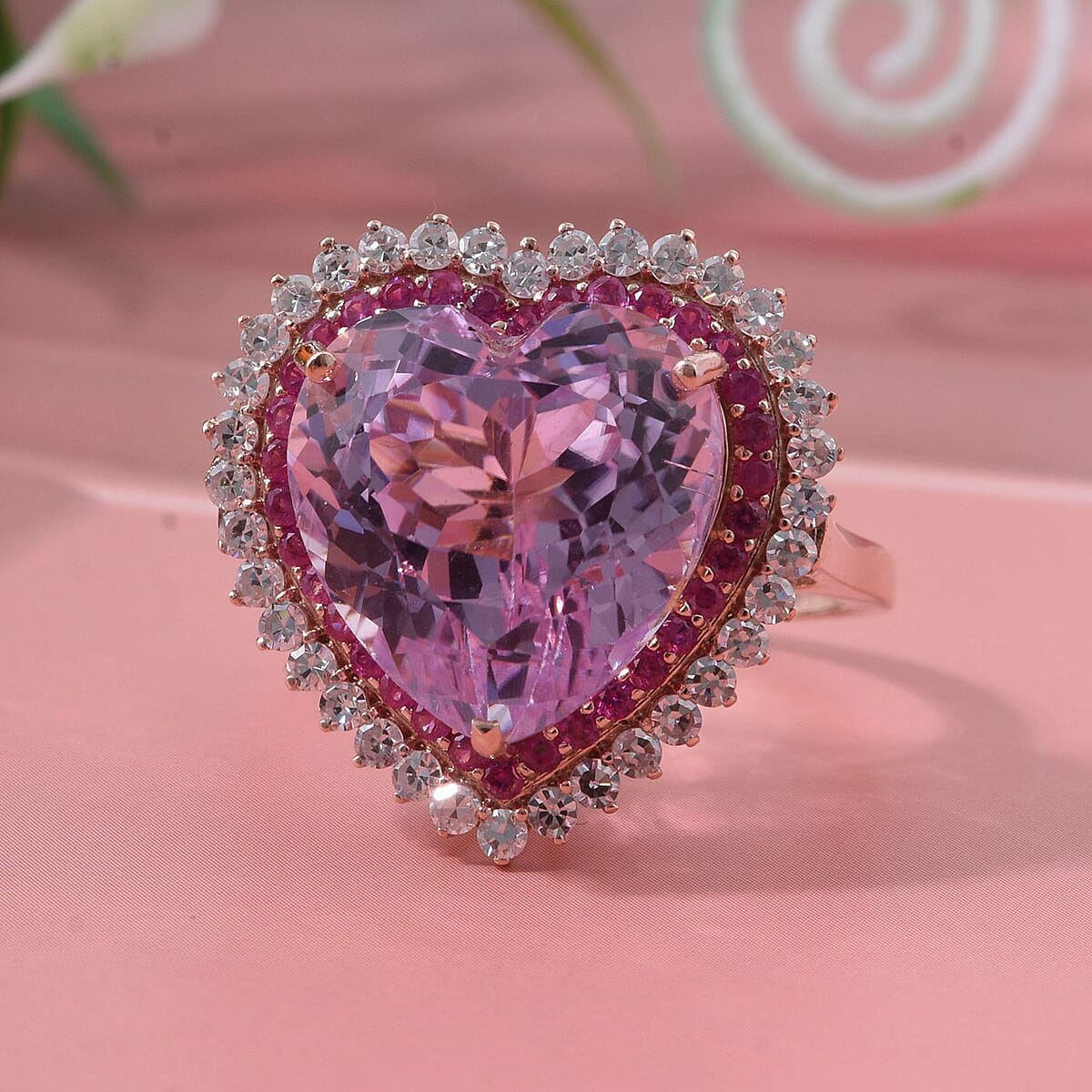 AAA Patroke Kunzite, Pink Sapphire and G-H SI Luxuriant Lab Grown Diamond 12.20 ctw Eternal Love Ring in 10K Rose Gold (Size 6.0) image number 1