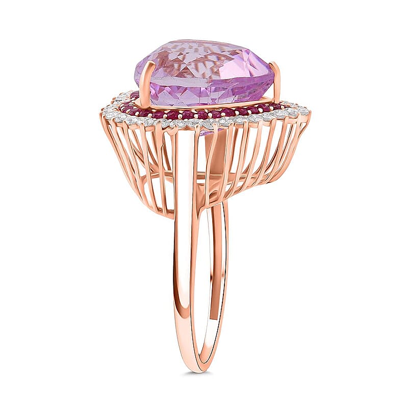 AAA Patroke Kunzite, Pink Sapphire, Lab Grown Diamond Love Ring in 10K Rose Gold 12.20 ctw (Size 7.0)