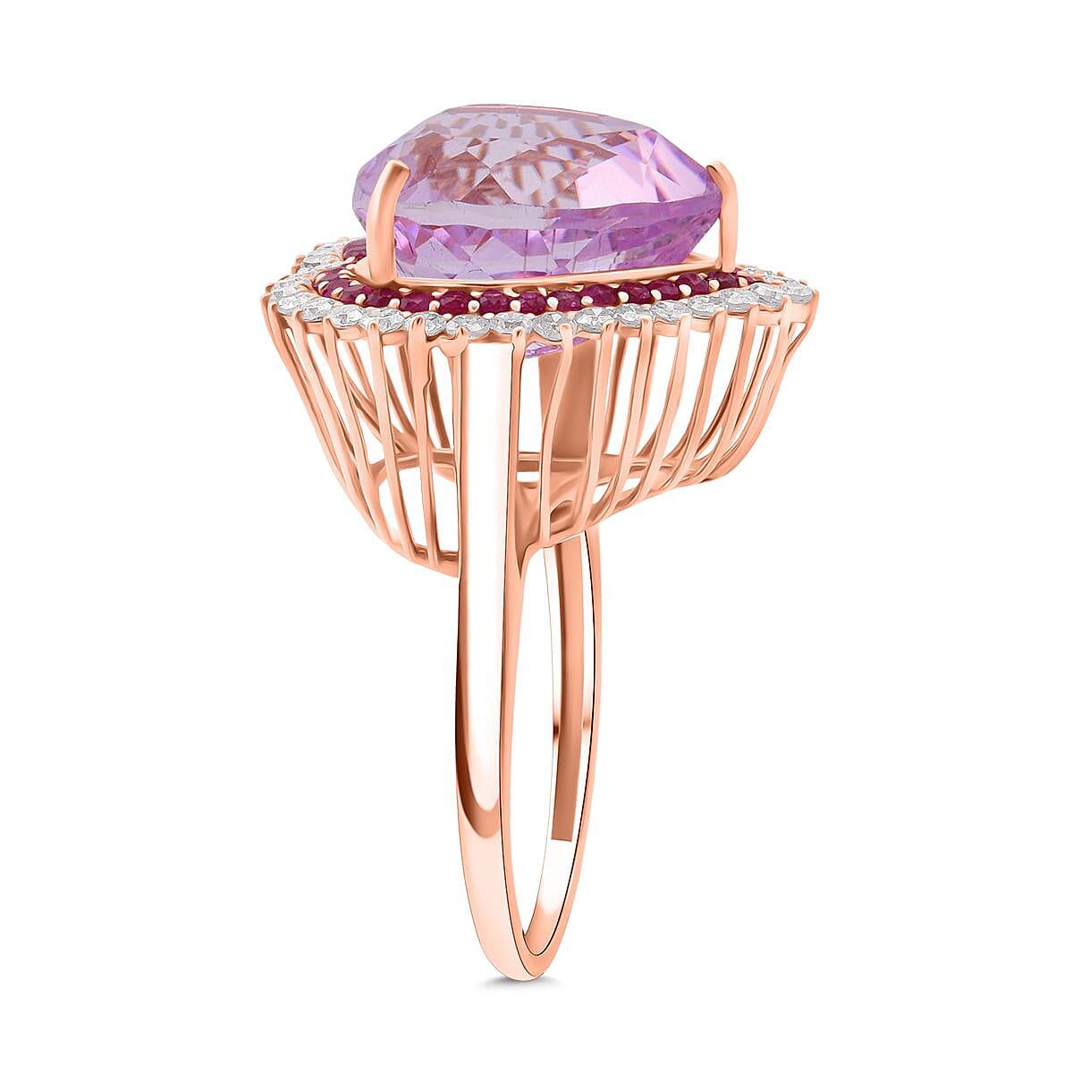 AAA Patroke Kunzite, Pink Sapphire and G-H SI Luxuriant Lab Grown Diamond 12.20 ctw Eternal Love Ring in 10K Rose Gold (Size 9.0) image number 3