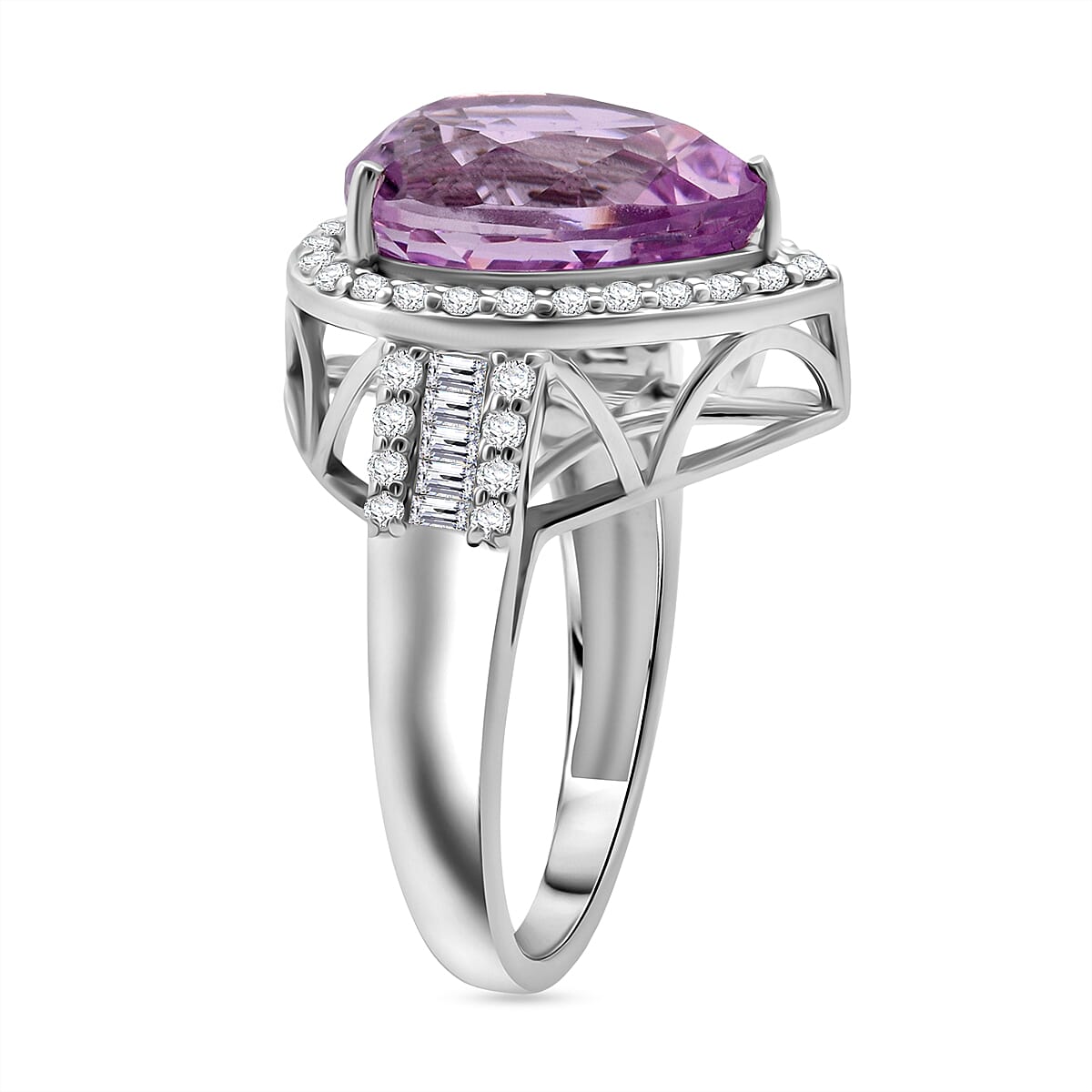 AAAA Patroke Kunzite and G-H SI Luxuriant Lab Grown Diamond 7.75 ctw Ring in Rhodium Over Sterling Silver (Size 6.0) image number 3
