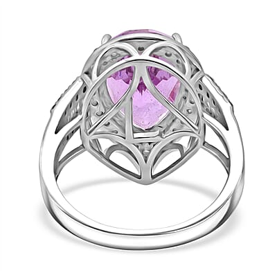 AAAA Patroke Kunzite, Lab Grown Diamond Ring in Rhodium Over Sterling Silver 7.75 ctw (Size 6.0)