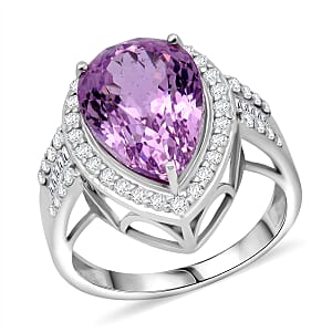 AAAA Patroke Kunzite and G-H SI Luxuriant Lab Grown Diamond 7.75 ctw Ring in Rhodium Over Sterling Silver (Size 7.0)