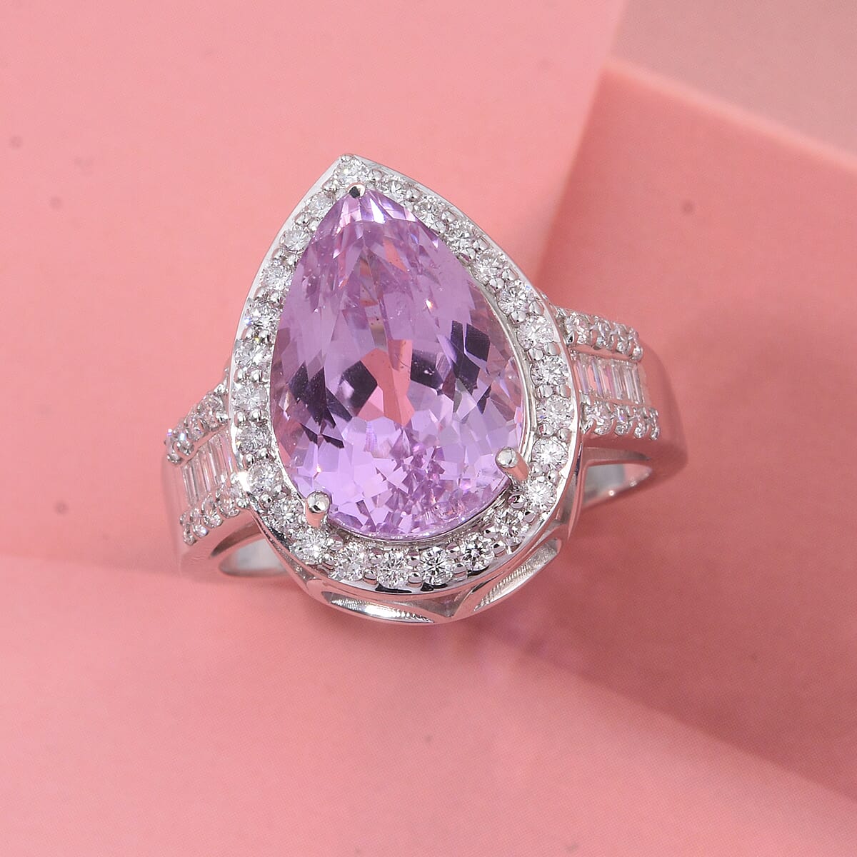 AAAA Patroke Kunzite and G-H SI Luxuriant Lab Grown Diamond 7.75 ctw Ring in Rhodium Over Sterling Silver (Size 7.0) image number 1