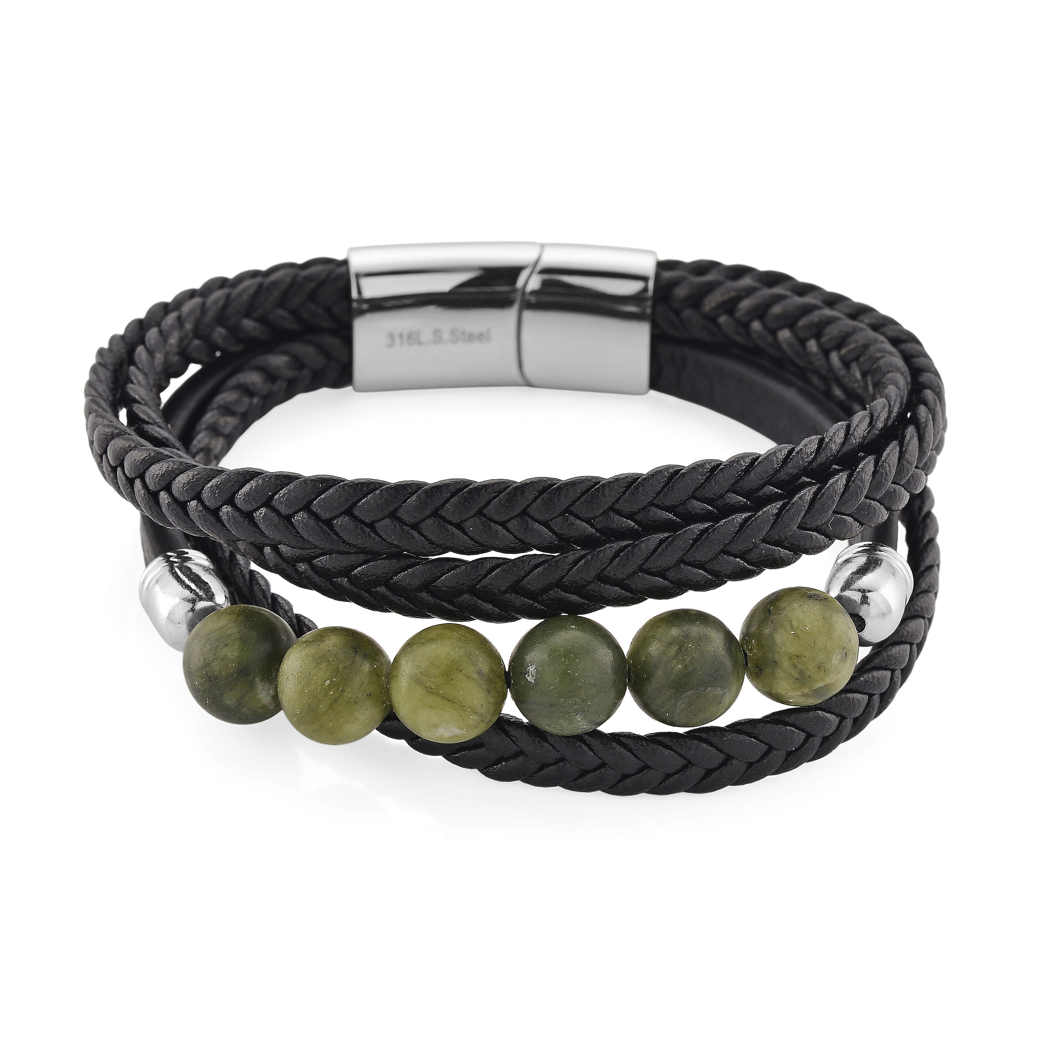 Connemara Marble 100.00 ctw Beaded Irish Guardian Bracelet in Stainless Steel with Black Cord (7.50 In)