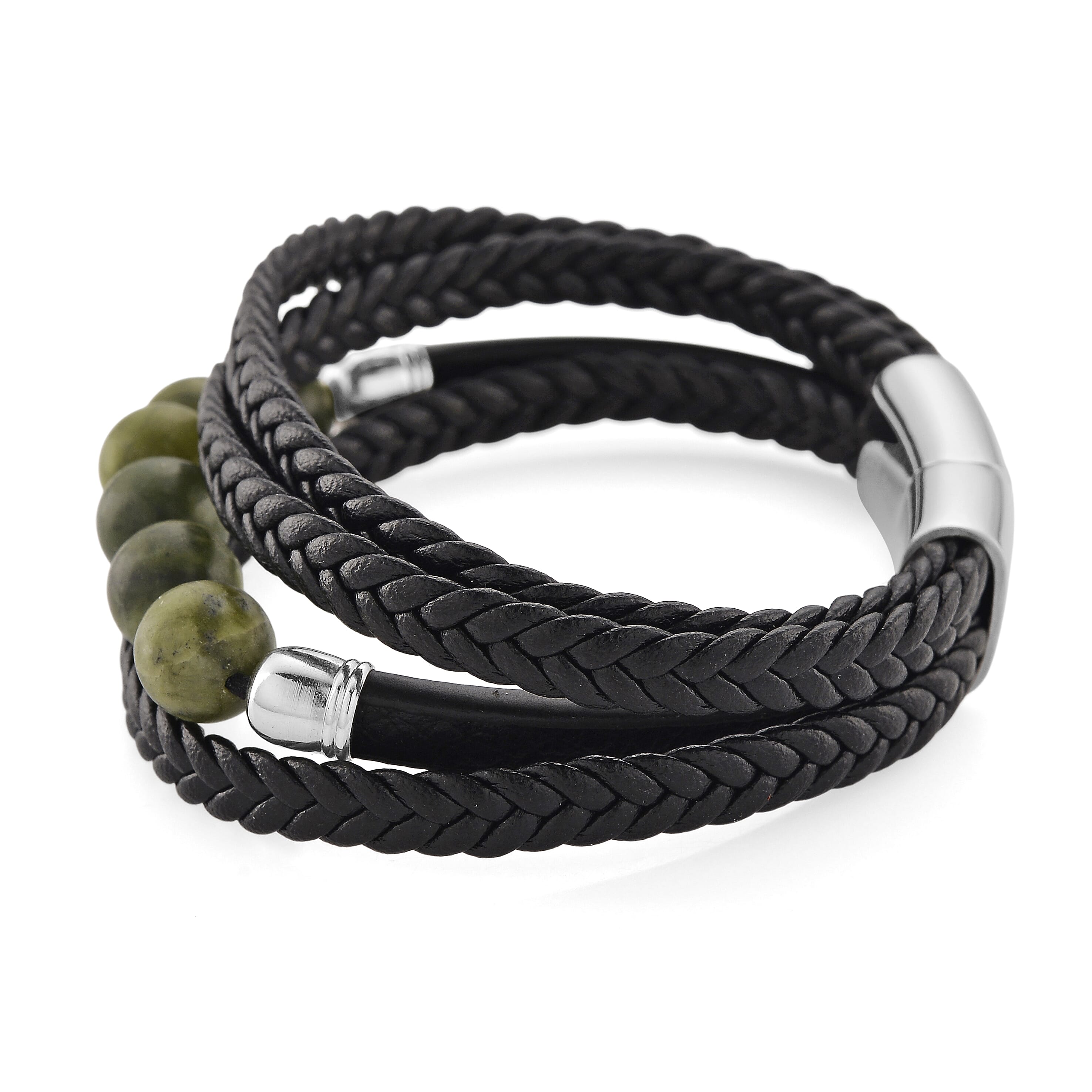 Connemara Marble 100.00 ctw Beaded Irish Guardian Bracelet in Stainless Steel with Black Cord (7.50 In)