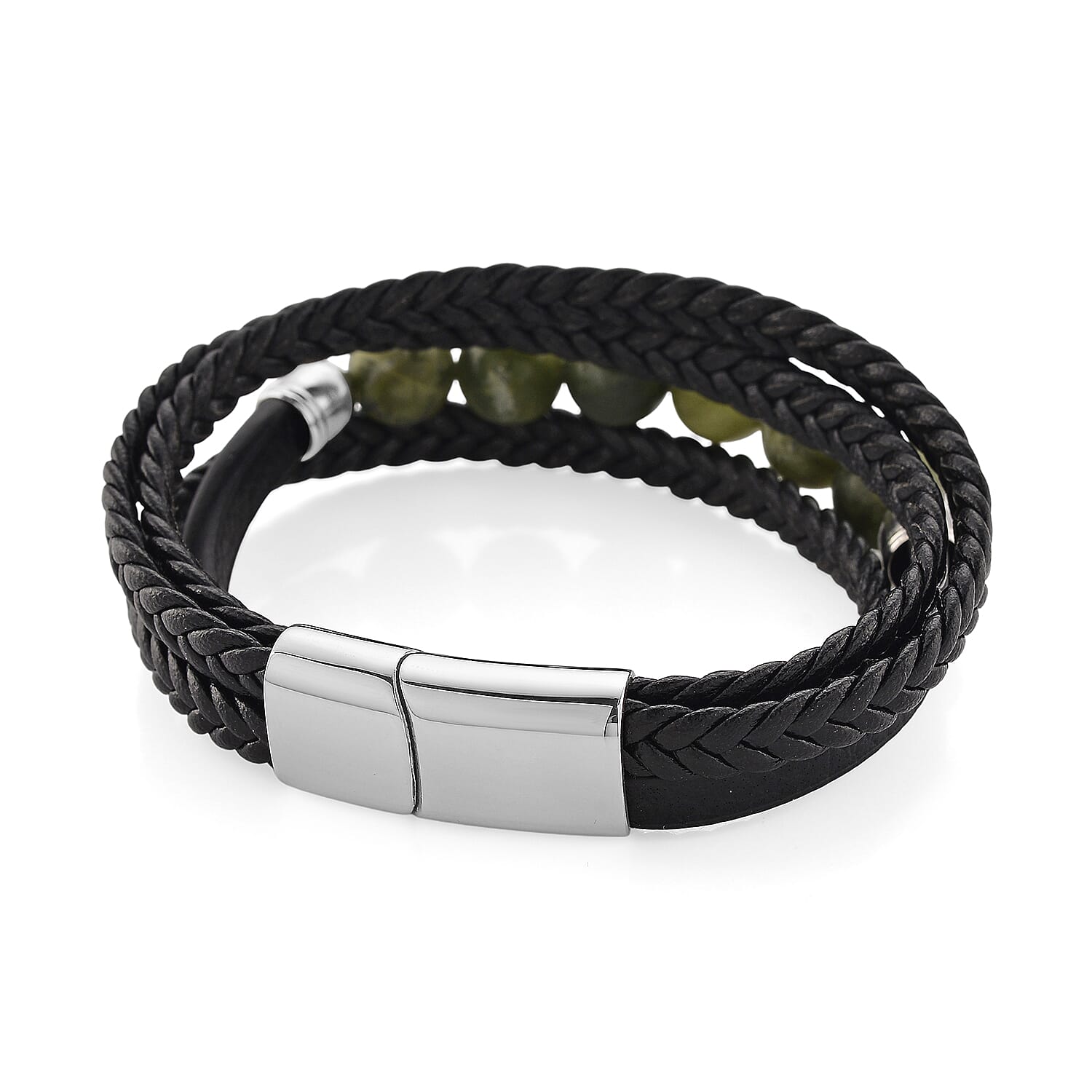 Connemara Marble 100.00 ctw Beaded Irish Guardian Bracelet in Stainless Steel with Black Cord (7.50 In)