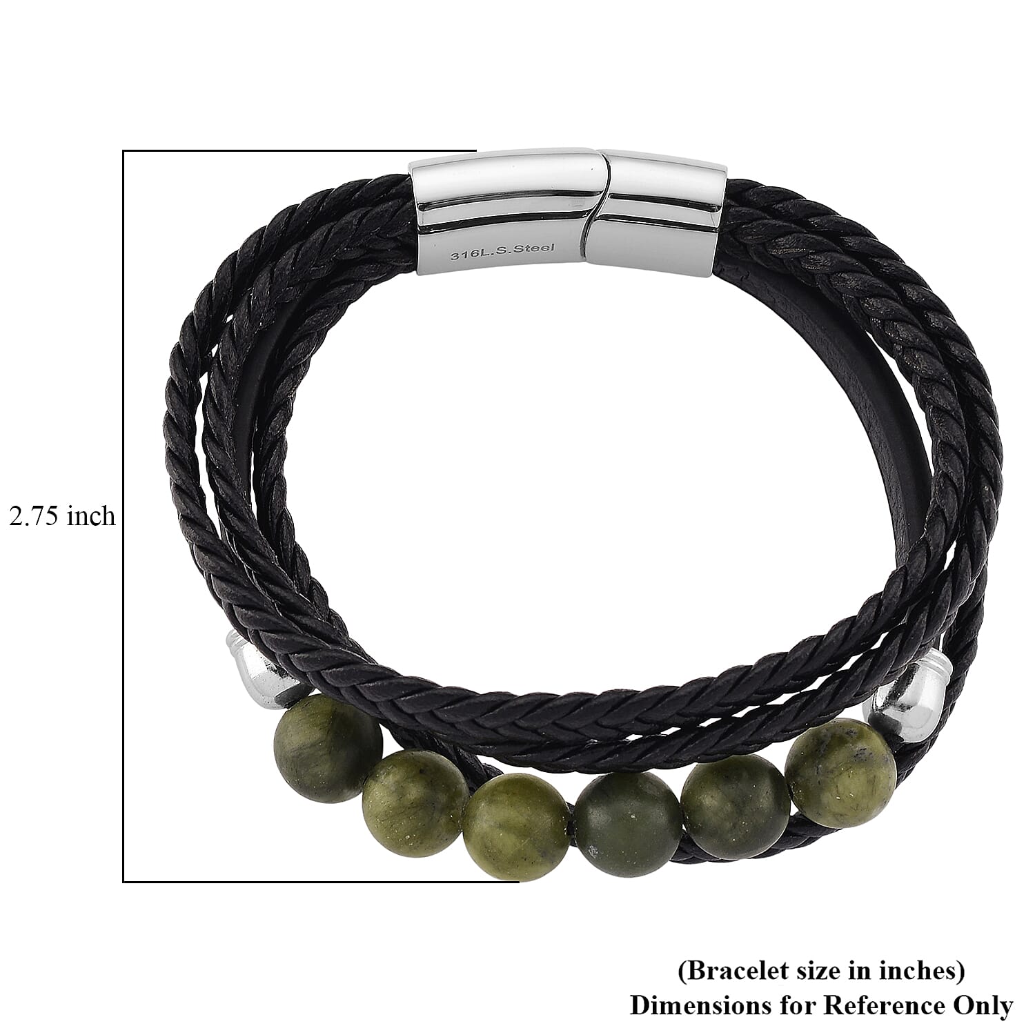 Connemara Marble 100.00 ctw Beaded Irish Guardian Bracelet in Stainless Steel with Black Cord (7.50 In)