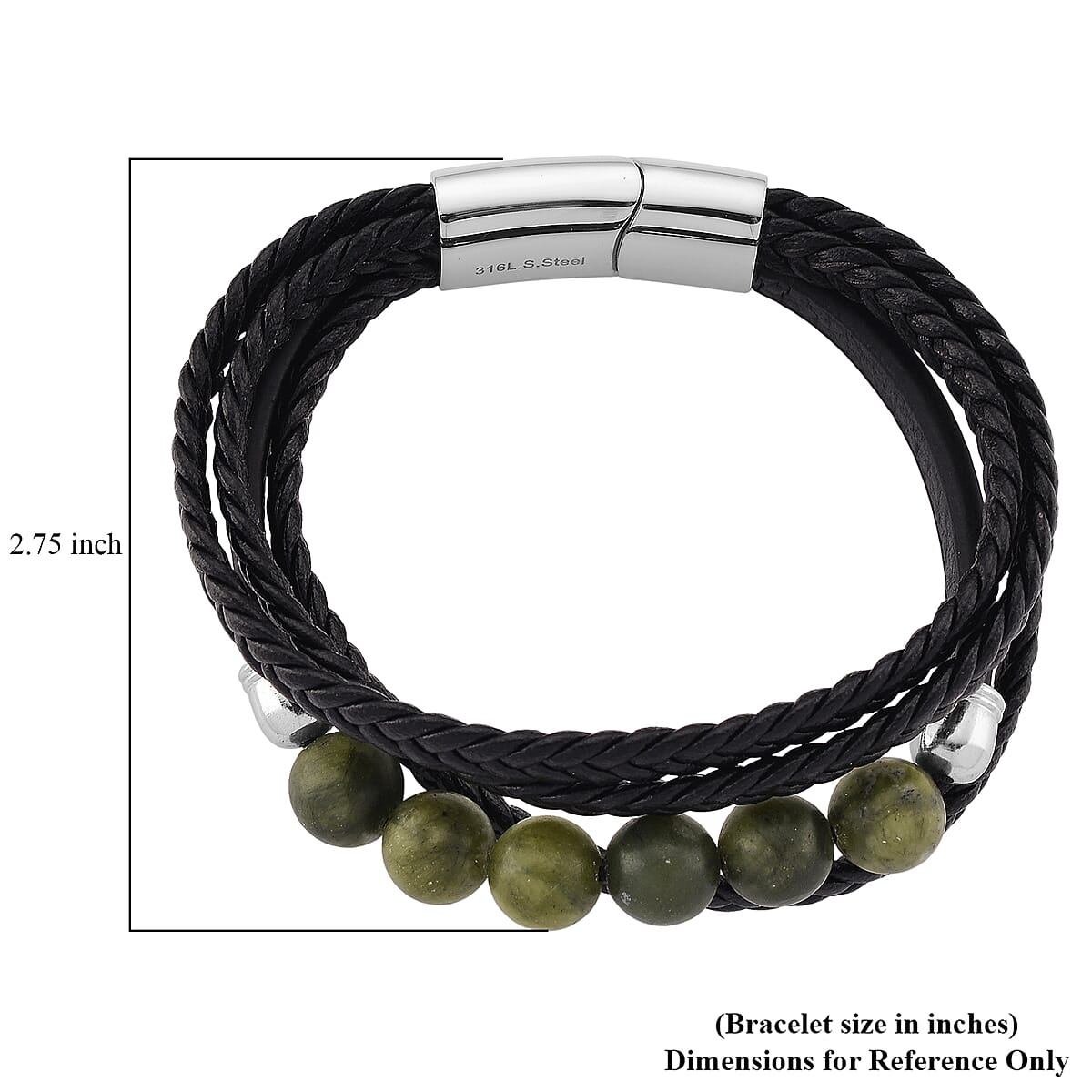 Connemara Marble 100.00 ctw Beaded Bracelet in Stainless Steel with Black Cord (7.50 In) image number 5