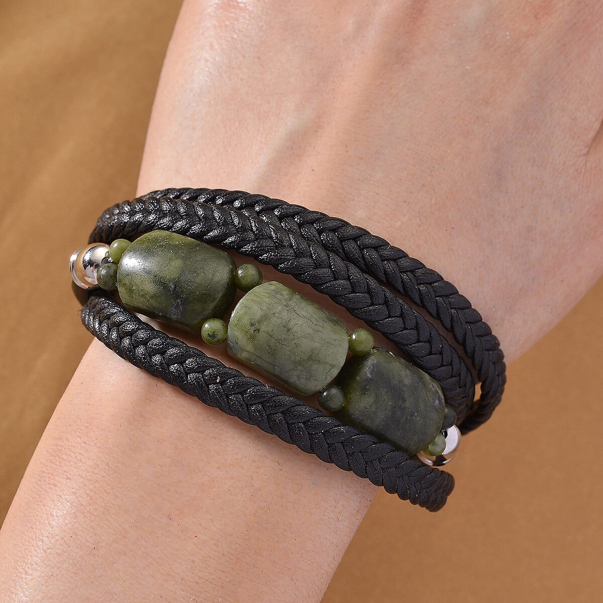 Connemara Marble 100.00 ctw Beaded Bracelet in Stainless Steel with Black Cord (7.50 In) image number 1