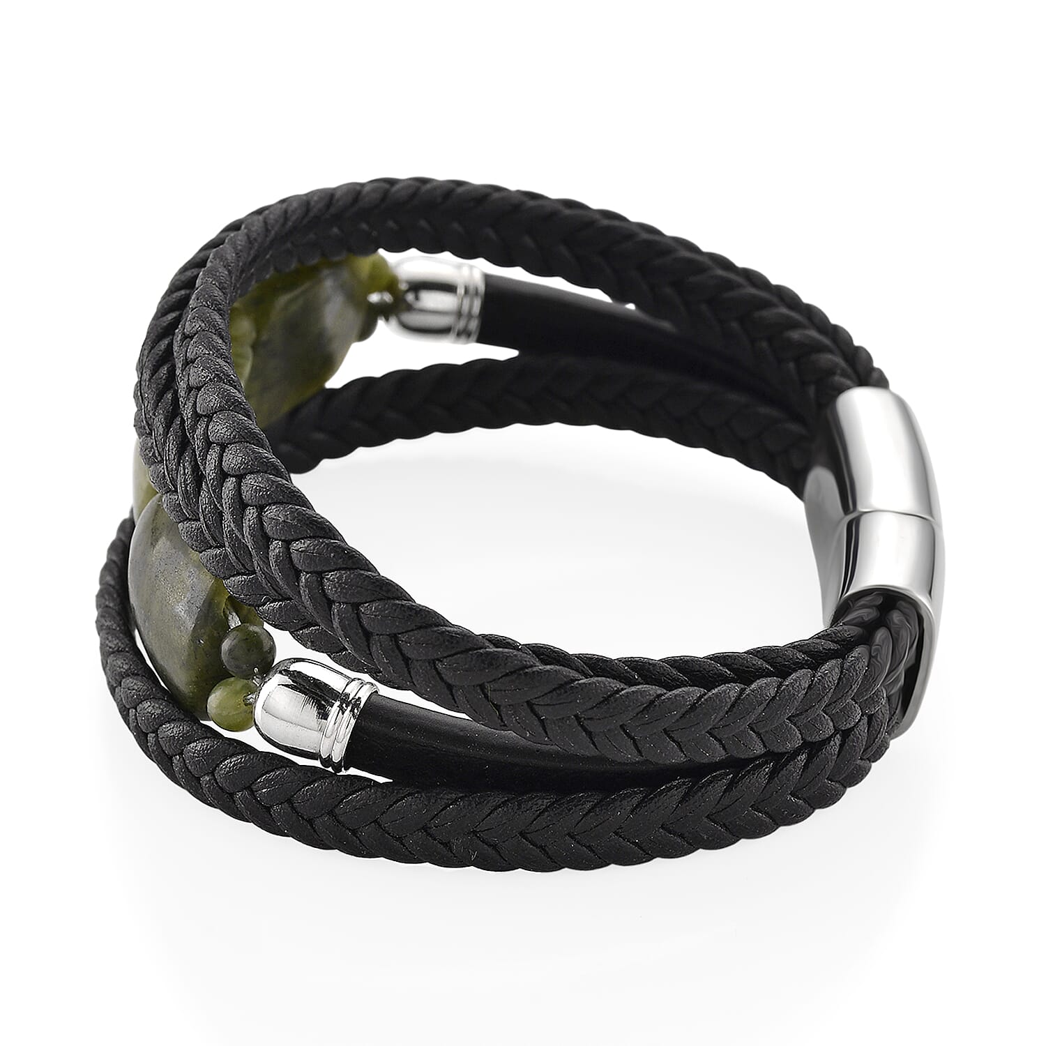 Connemara Marble 140.00 ctw Beaded Irish Legacy Bracelet in Stainless Steel with Black Cord (7.50 In)