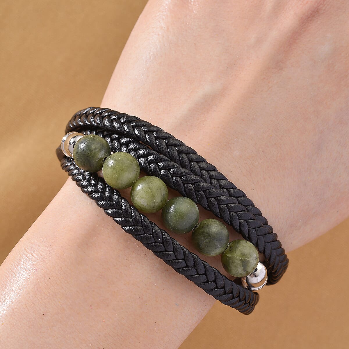 Connemara Marble 100.00 ctw Beaded Bracelet in Stainless Steel with Black Cord (8.00 In) image number 1