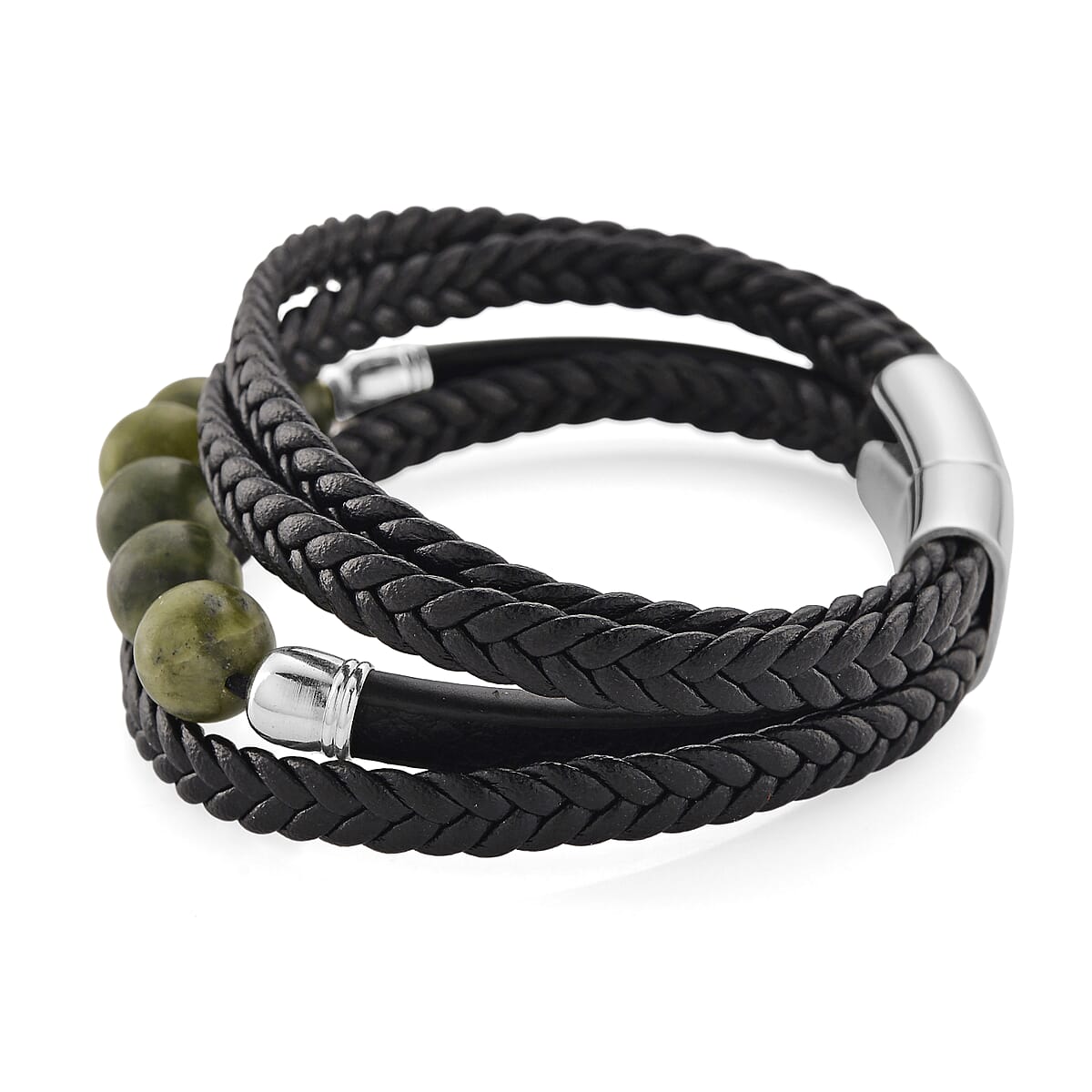 Connemara Marble 100.00 ctw Beaded Bracelet in Stainless Steel with Black Cord (8.00 In) image number 3