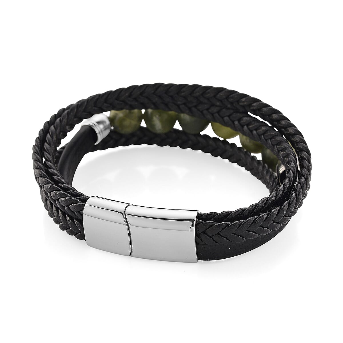 Connemara Marble 100.00 ctw Beaded Bracelet in Stainless Steel with Black Cord (8.00 In) image number 4
