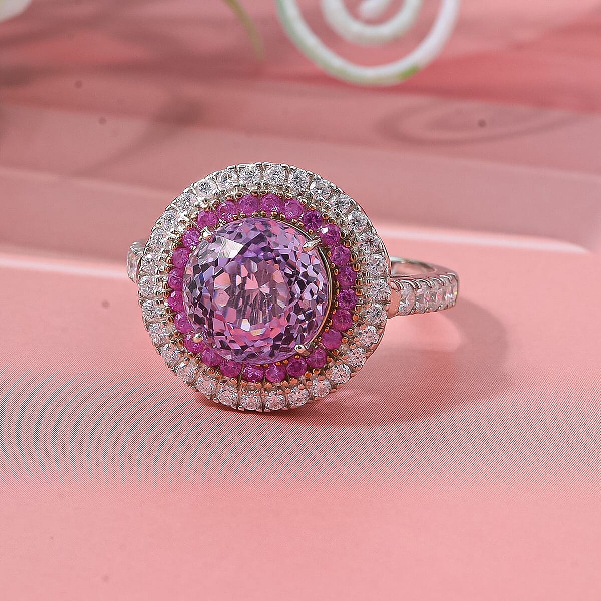 D'Joy AAA Patroke Kunzite and Multi Gemstone 4.80 ctw Starlit Bloom Ring in Vermeil RG and Rhodium Over Sterling Silver (Size 7.0) image number 1