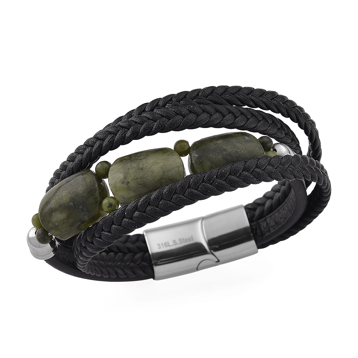 Connemara Marble 40.00 ctw Beaded Bracelet in Stainless Steel with Black Cord (8.00 In) image number 0
