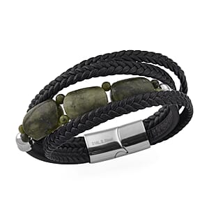 Connemara Marble 40.00 ctw Beaded Bracelet in Stainless Steel with Black Cord (8.00 In)