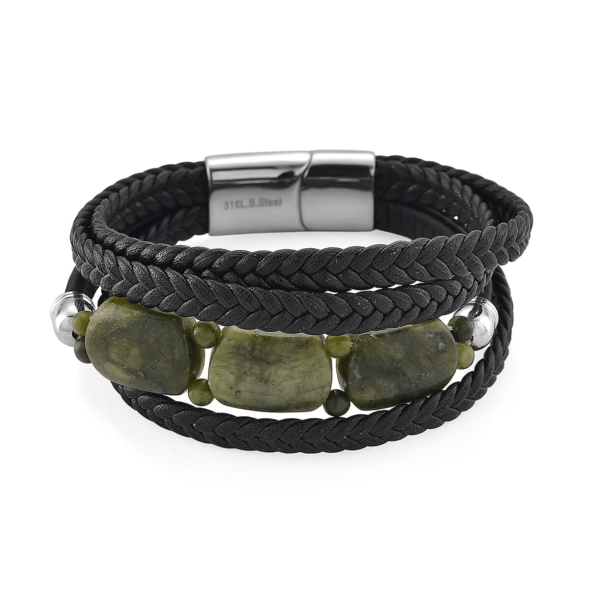 Connemara Marble 40.00 ctw Beaded Bracelet in Stainless Steel with Black Cord (8.00 In) image number 2