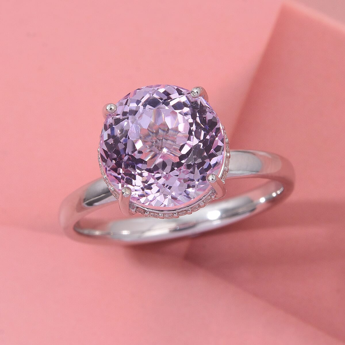 D'Joy AAA Patroke Kunzite and G-H SI Luxuriant Lab Grown Diamond 5.50 ctw Hidden Halo Ring in Rhodium Over Sterling Silver (Size 8.0) image number 1